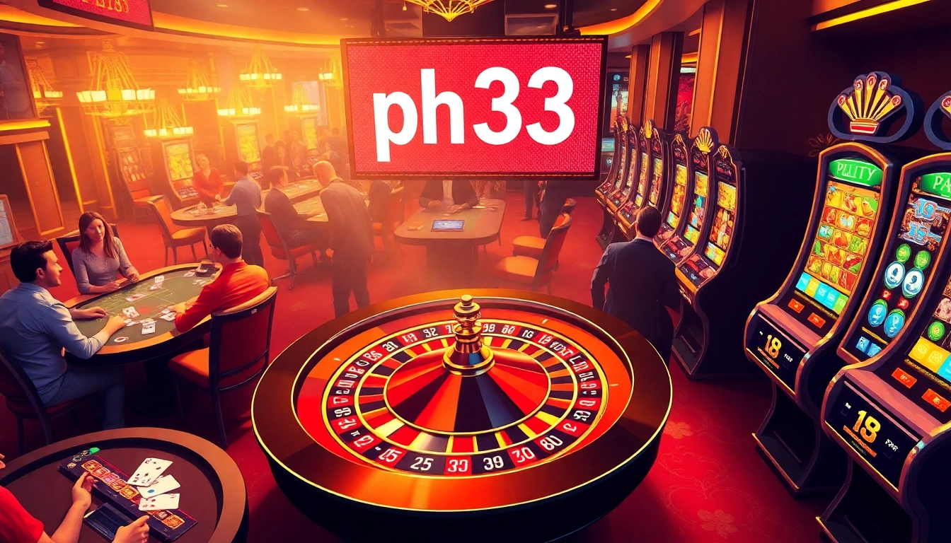 Join the thrilling action at the PH33 casino with vibrant roulette and poker tables, showcasing electrifying games and strategies.