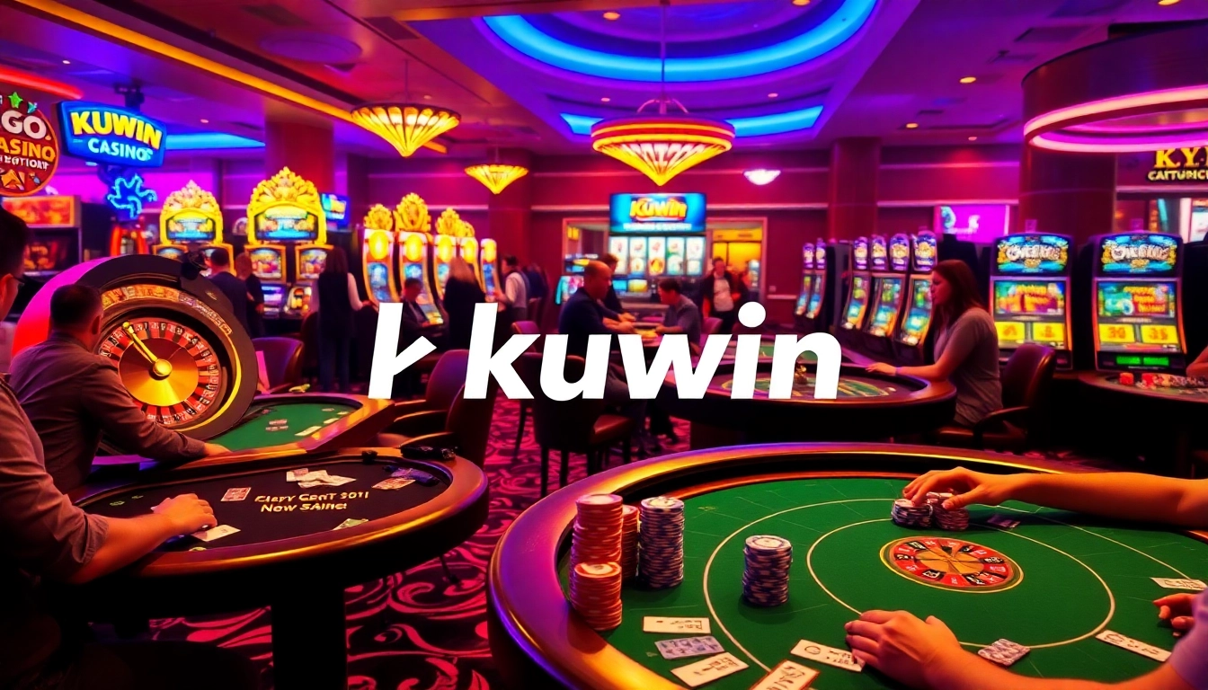 Experience kuwin's thrilling casino atmosphere with engaged players at poker and roulette tables.