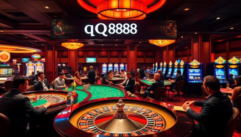 Experience excitement with QQ888 at a luxurious casino featuring thrilling roulette and vibrant slot machines.