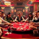 Players enjoying a lively poker game at a casino, with okwin branding visible on chips and tables.