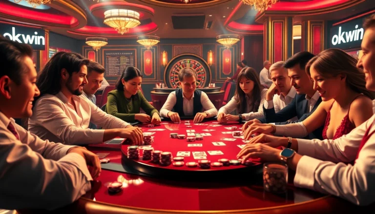 Players enjoying a lively poker game at a casino, with okwin branding visible on chips and tables.