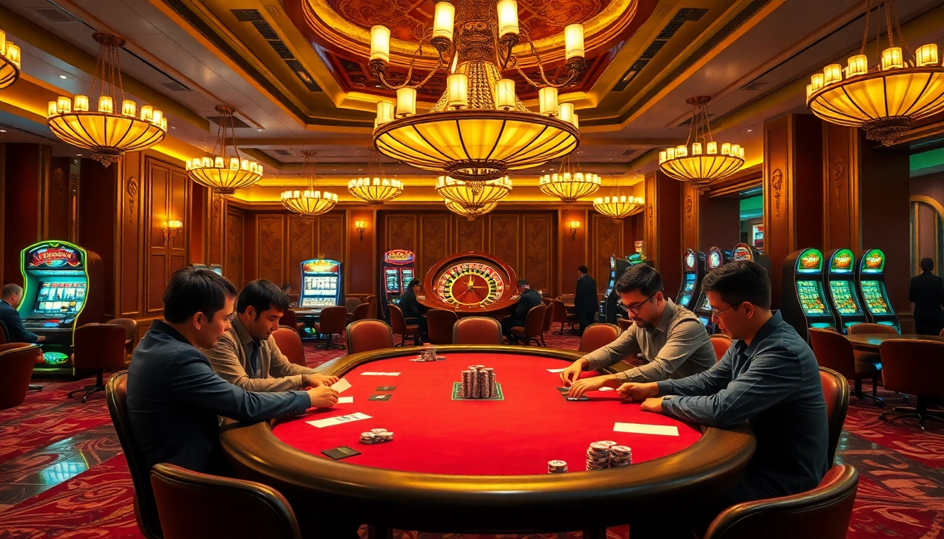 Experience the thrill of gambling at a high-stakes poker table featuring bongdaso action alongside vibrant slot machines.