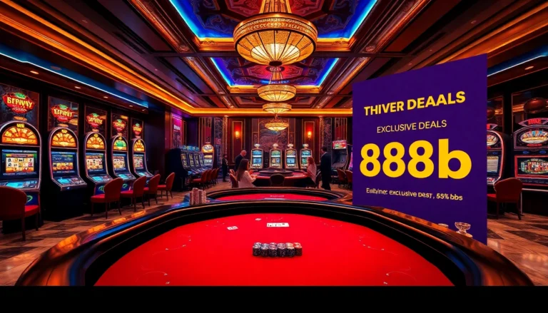 Experience the thrill of 888b with players strategizing at a luxurious poker table amidst vibrant casino lights and classic elements.