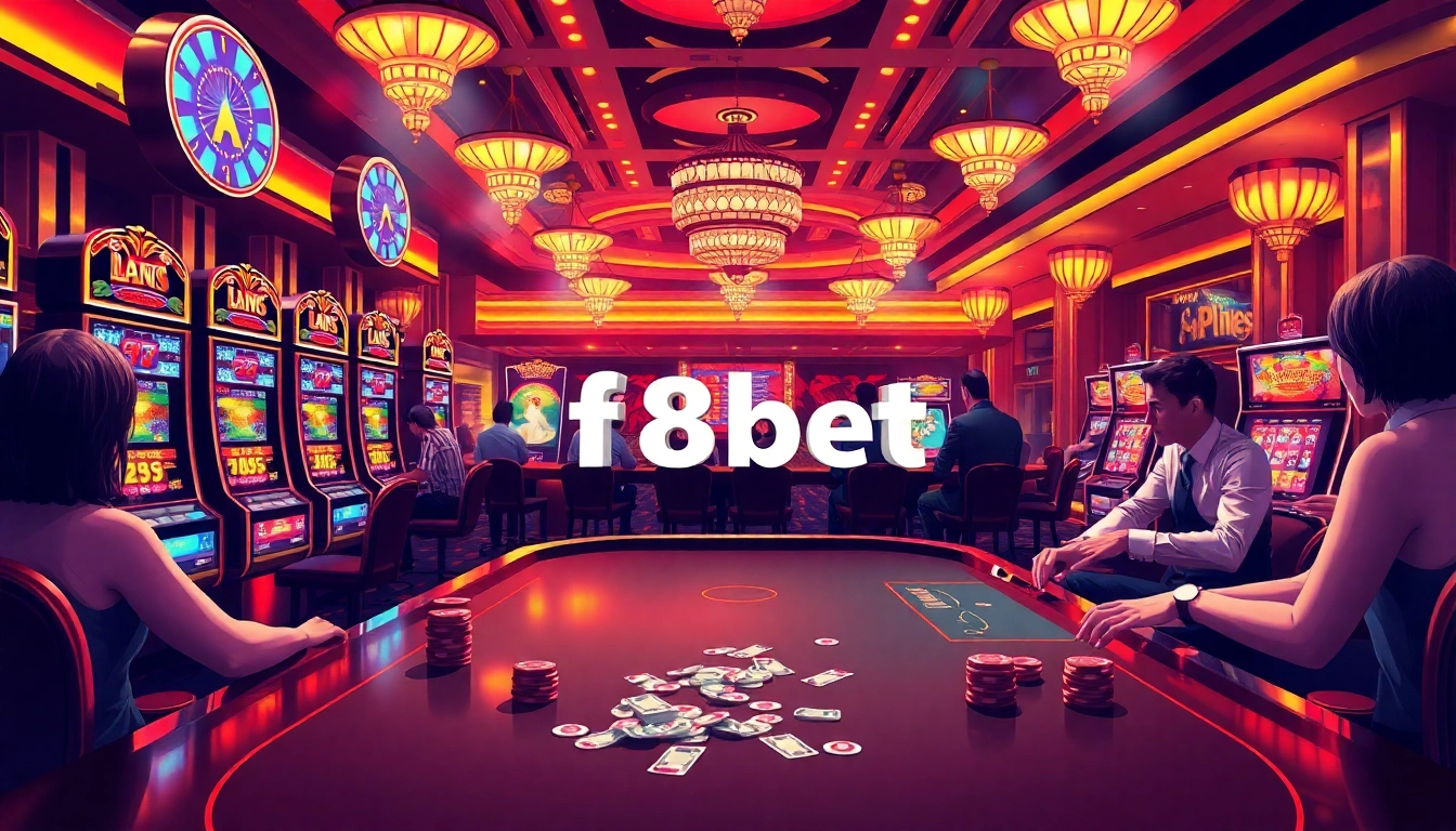 Experience the excitement at f8bet casino with players betting at high-stakes tables under vibrant lights.