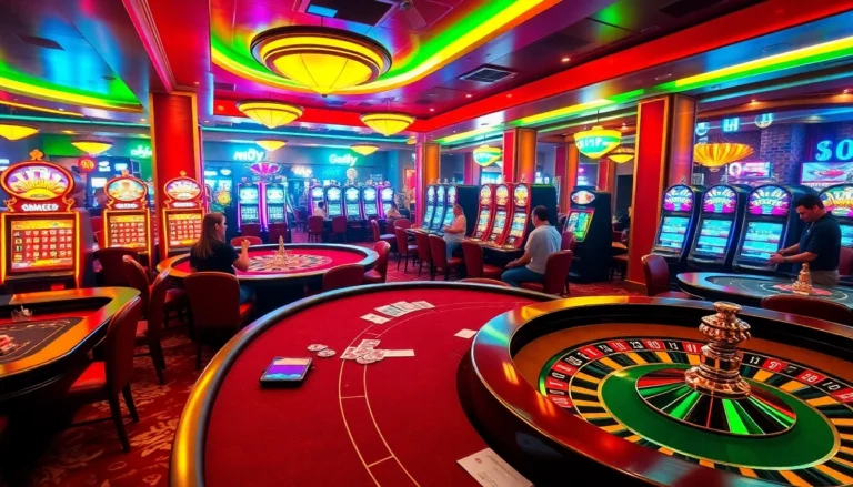 Experience the excitement of nohu52 with lively casino players at colorful gambling tables.