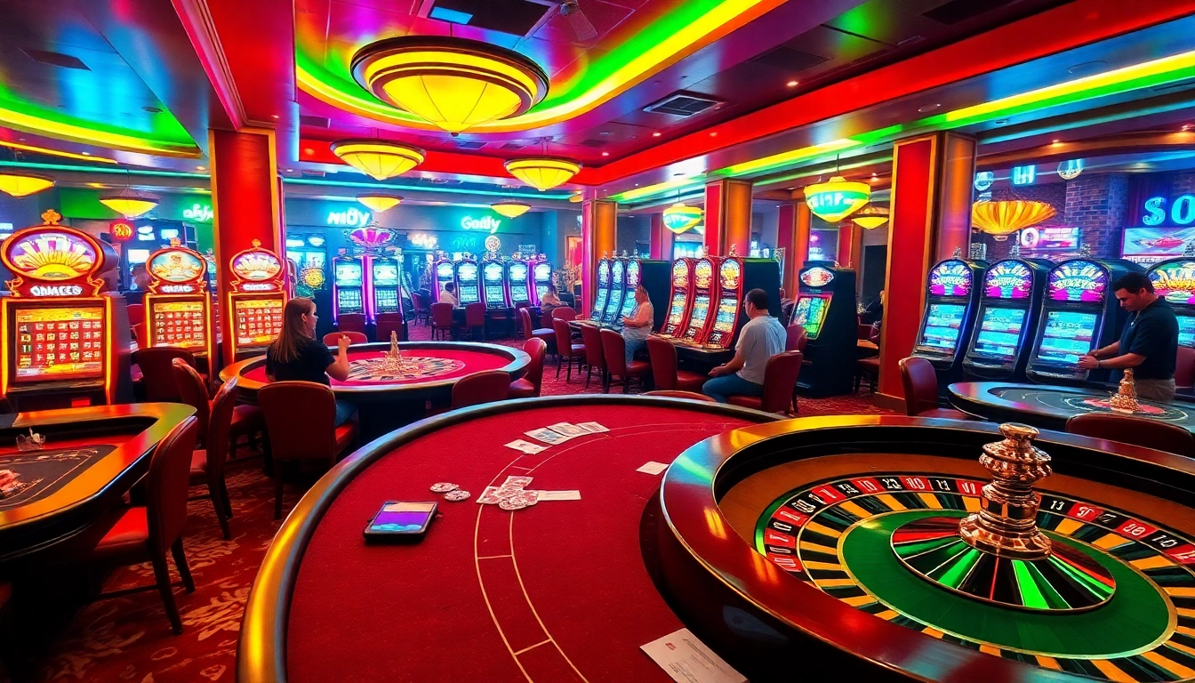 Experience the excitement of nohu52 with lively casino players at colorful gambling tables.