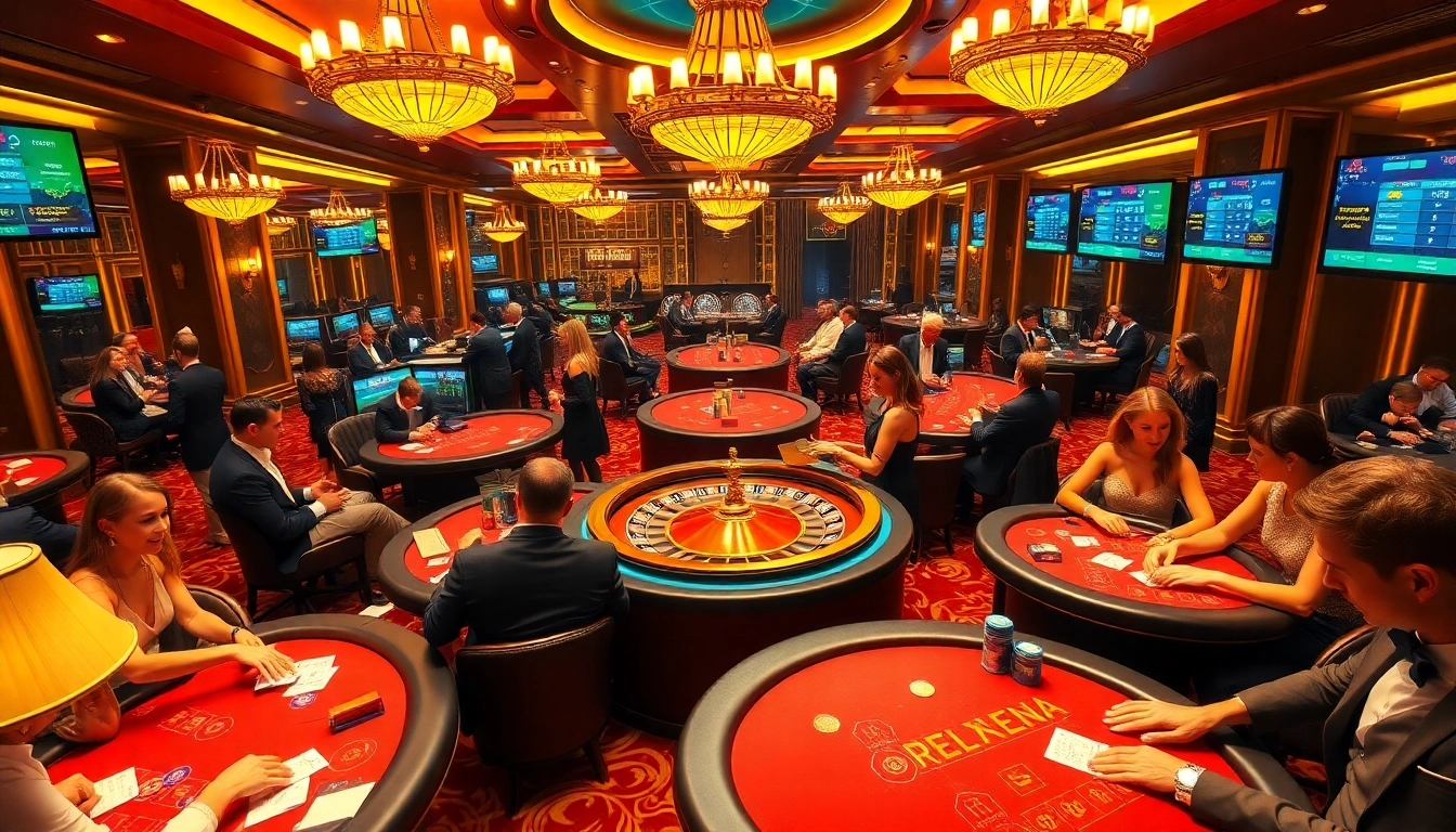 Experience the excitement of f8bet with players enjoying blackjack and roulette in a luxurious casino setting.