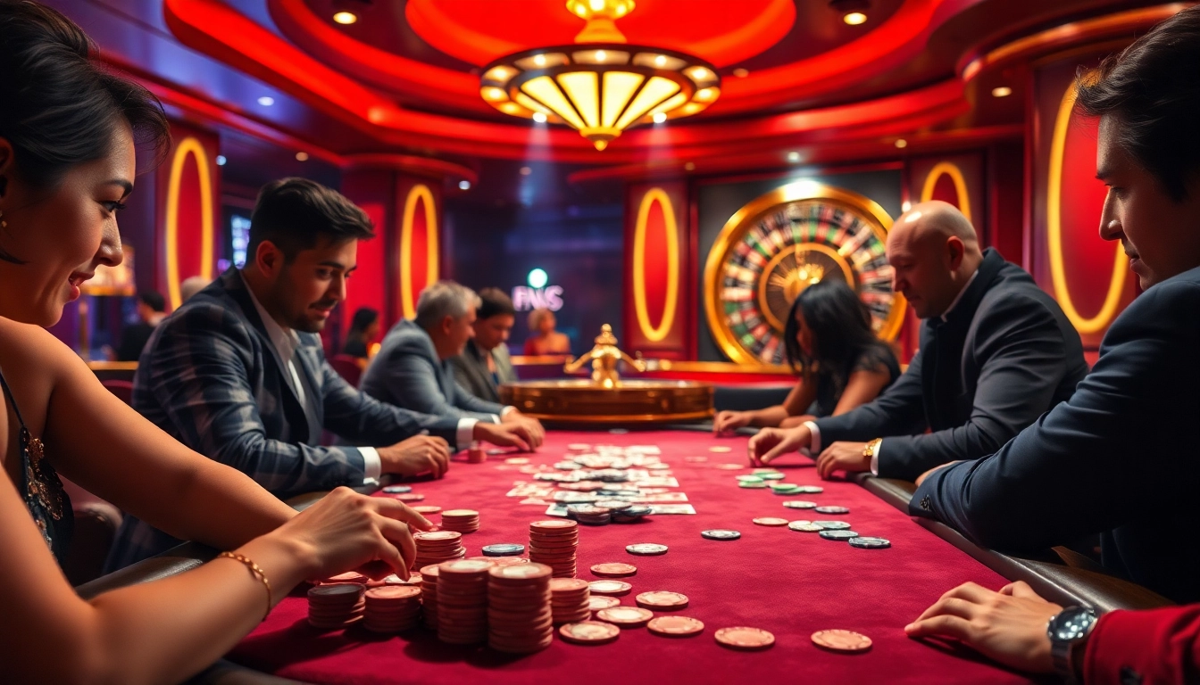 Kuwin casino scene with players at a poker table enjoying high-stakes gameplay and vibrant roulette action.