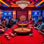 hb88 showcases players fully engaged at a lively casino, surrounded by colorful slot machines and a spinning roulette wheel.