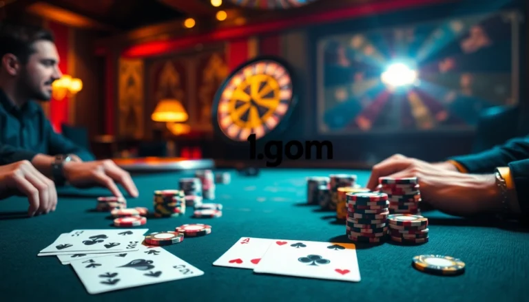 A thrilling view of a casino scene with 1gom poker action, featuring colorful chips, cards, and a spinning roulette wheel.