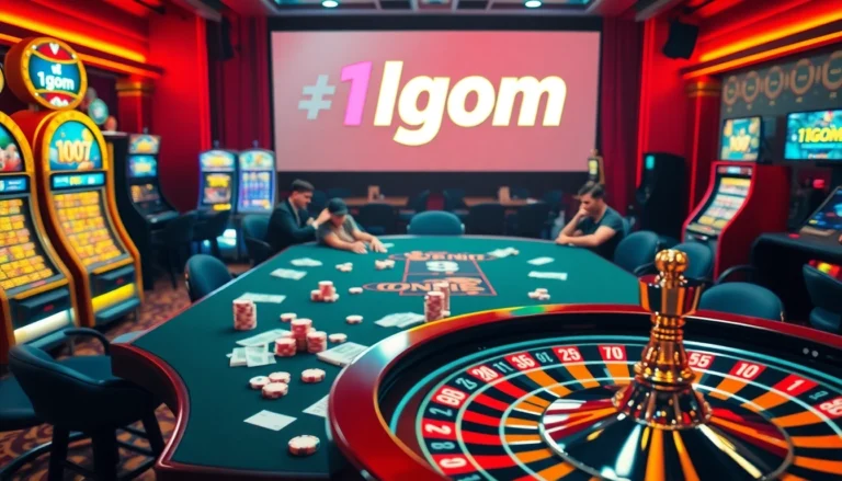 Experience the thrill of gambling at a casino showcasing 1gom elements like poker tables and slot machines.