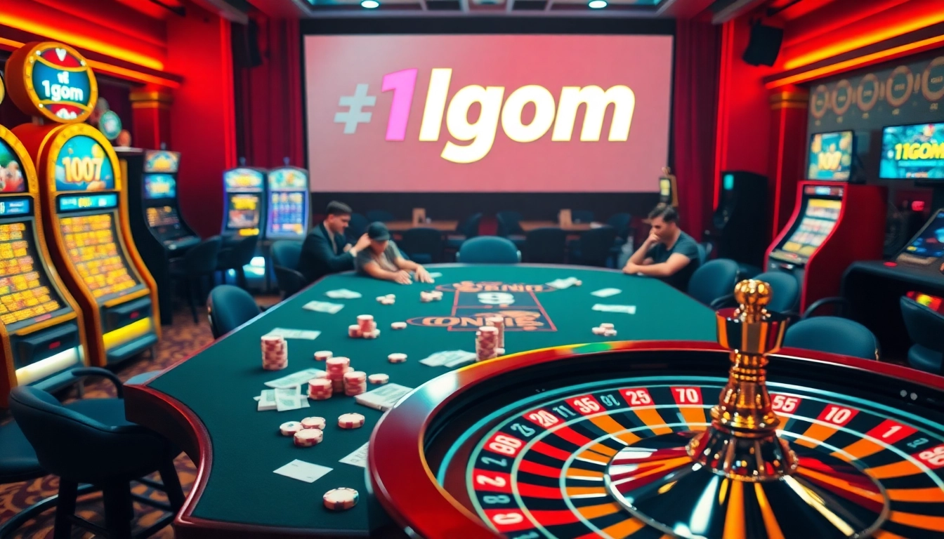 Experience the thrill of gambling at a casino showcasing 1gom elements like poker tables and slot machines.