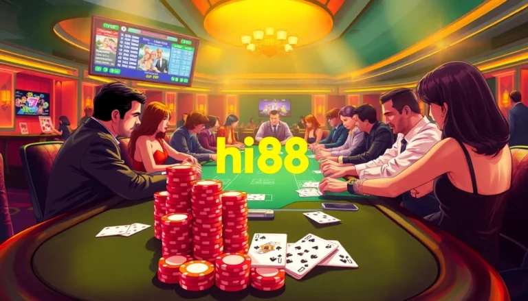 Players enjoying a thrilling poker game at hi88 casino, showcasing vibrant chips and cards.