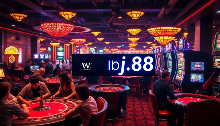 Excited casino players interact with slots and tables in a vibrant j88 gaming environment.