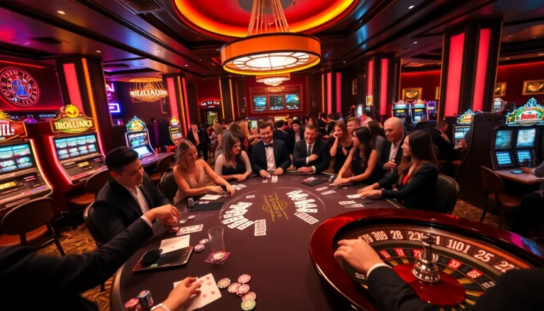 Players engage in high-stakes games at bk33 casino with vibrant tables and colorful chips.