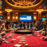 New88 offers an intense poker game with vibrant chips and players in action.