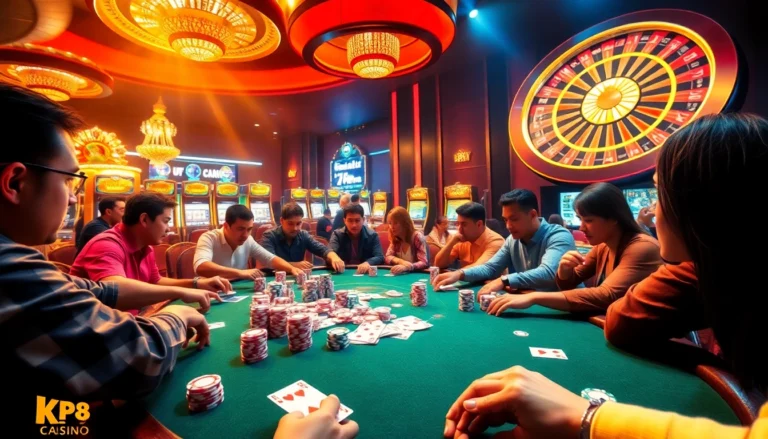 Experience the thrill of kp88 at a vibrant poker table filled with high-stakes action and colorful chips.