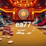 ea77 showcases intense poker action with colorful chips and focused players in a luxurious casino setting.