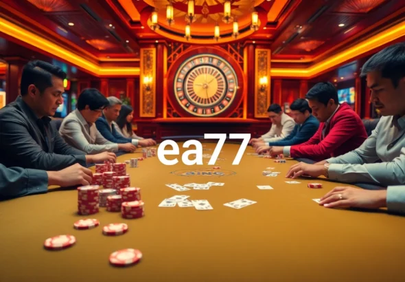 ea77 showcases intense poker action with colorful chips and focused players in a luxurious casino setting.