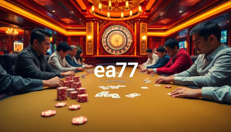 ea77 showcases intense poker action with colorful chips and focused players in a luxurious casino setting.